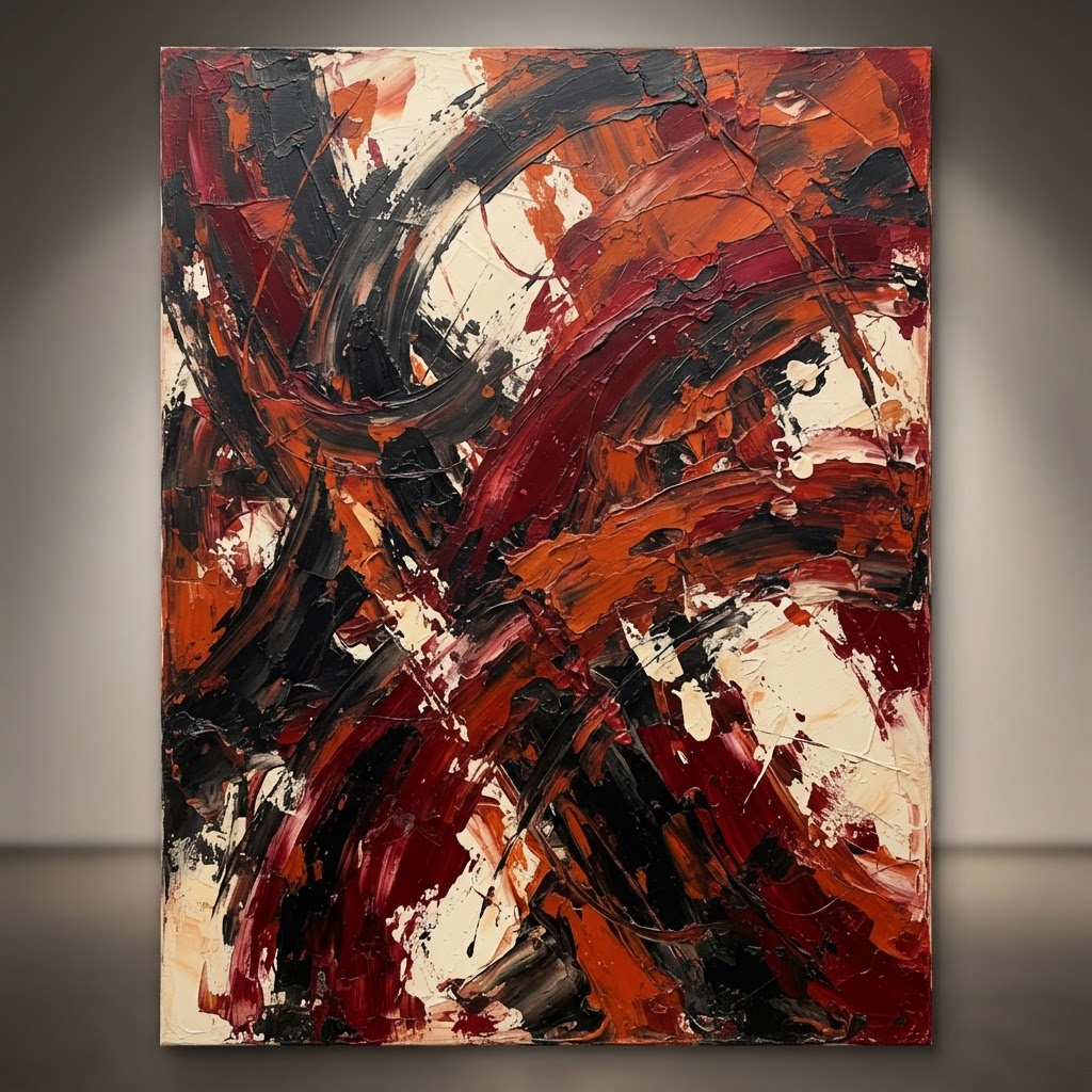 Bold abstract painting by Maren Voss in crimson, orange and charcoal